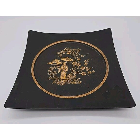 Hyalyn Pottery Plate Japanese Geisha Cherry Blossom 631 Wall Plate Black & Gold - Picture 12 of 12